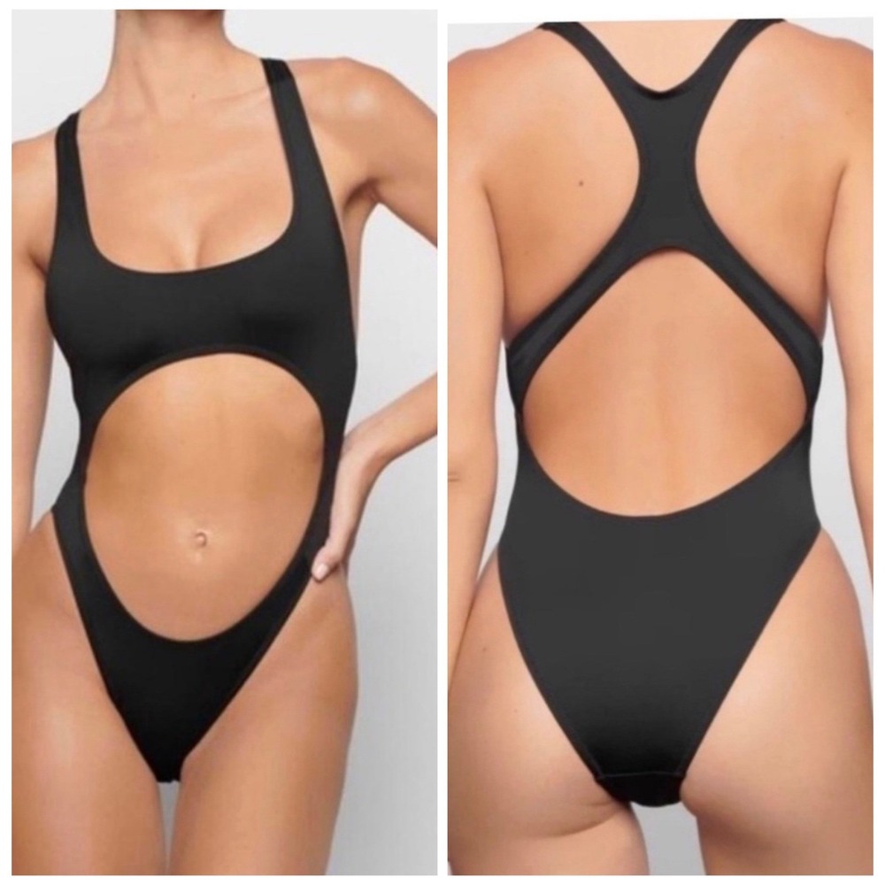 SKIMS Swim Monokini Onyx Black Cut Out Racerback One Piece Large NEW